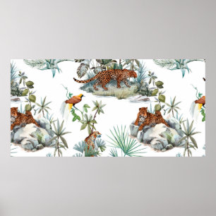 Watercolor tropical pattern with a leopard animal, poster