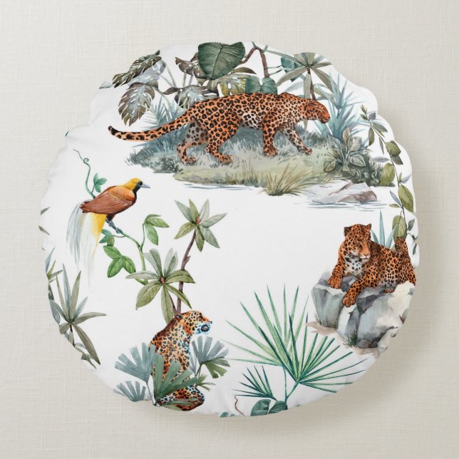 Watercolor tropical pattern with a leopard animal, round cushion (Front)