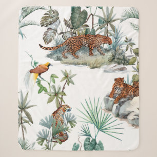 Watercolor tropical pattern with a leopard animal, sherpa blanket