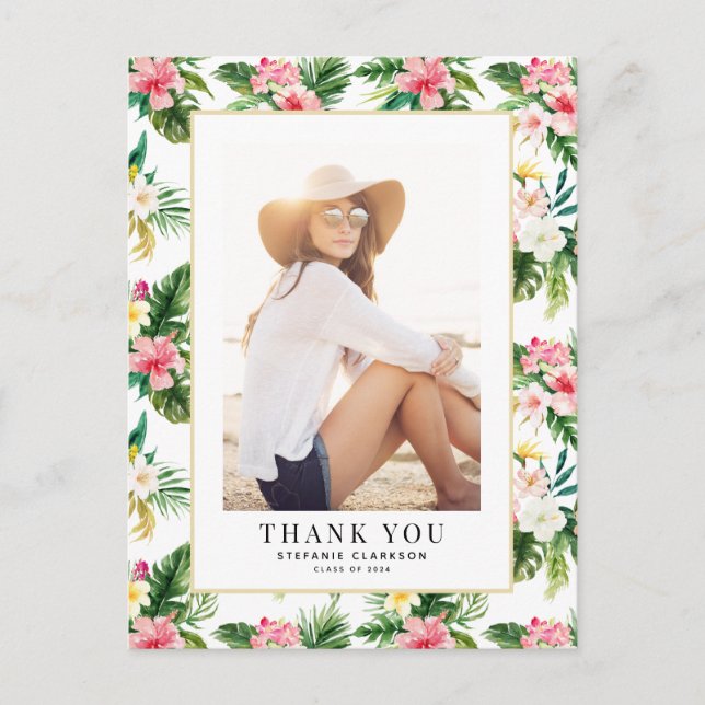 Watercolor Tropical Photo Graduation Thank You Postcard (Front)