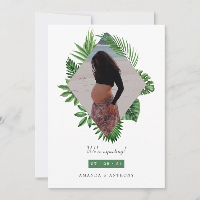 Watercolor Tropical Photo Pregnancy Announcement (Front)