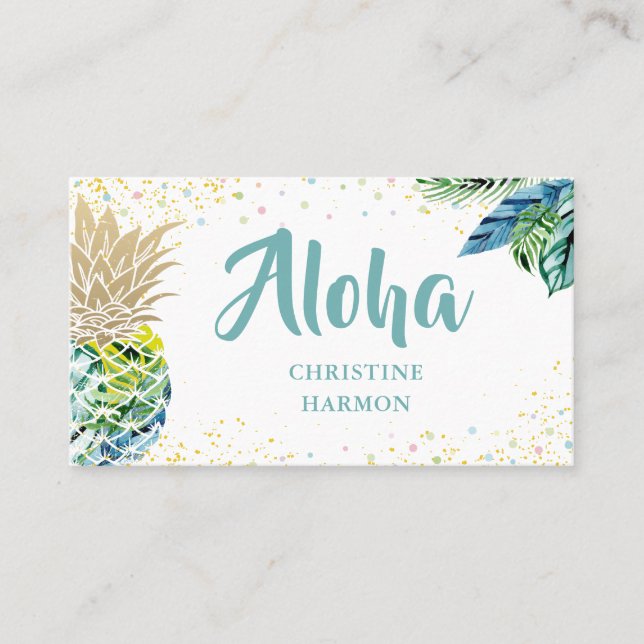 Watercolor Tropical Pineapple Beach Business card (Front)