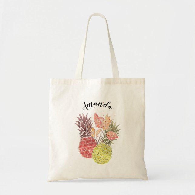 Watercolor tropical pineapple bridesmaid tote bag (Front)