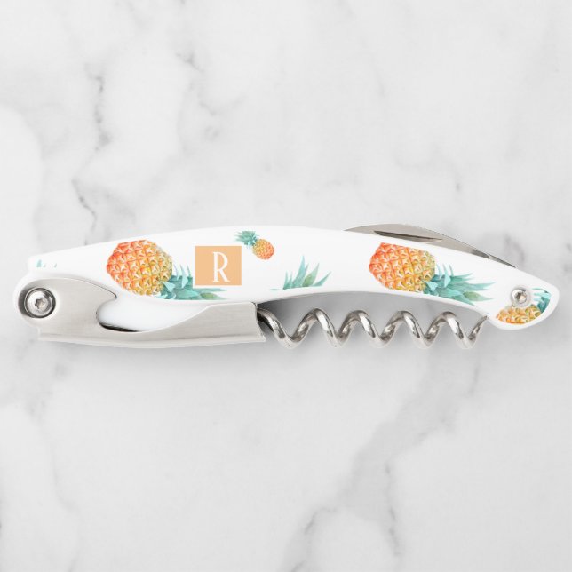 Watercolor Tropical Pineapple Monogram Bottle Corkscrew (Front)