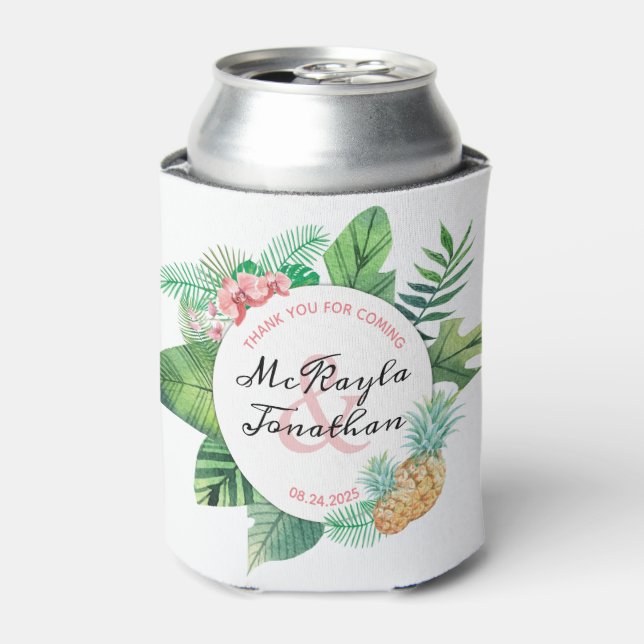 Watercolor Tropical Pineapple Orchid Wedding Favou Can Cooler (Can Front)