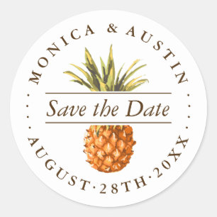 Watercolor Tropical Pineapple Save the Date Classic Round Sticker