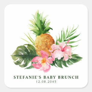 Watercolor Tropical Pineapple Summer Baby Brunch Square Sticker