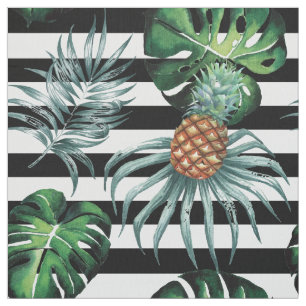 Watercolor tropical pineapple with black stripes fabric