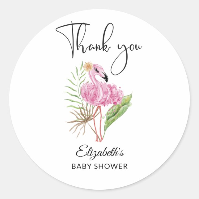 Watercolor Tropical Pink Flamingo Baby Shower Classic Round Sticker (Front)