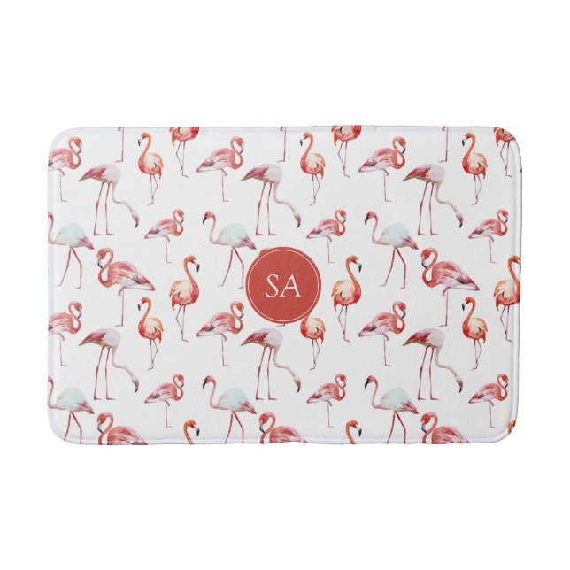Watercolor Tropical Pink Flamingo Bath Mat (Front)