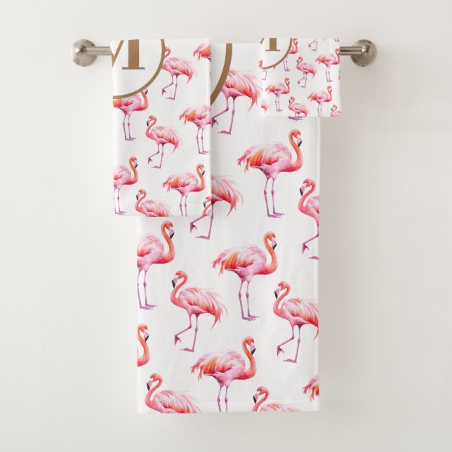 Watercolor Tropical Pink Flamingo | Custom Initial Bath Towel Set (Insitu)