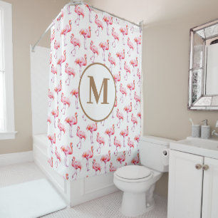 Watercolor Tropical Pink Flamingo   Gold Monogram Shower Curtain