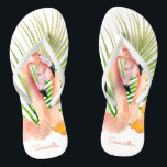 Watercolor Tropical Pink Flamingos with Your Name Flip Flops<br><div class="desc">Escape to a tropical paradise with this unique pair of personalised flip flops featuring a pair of showy pink flamingos and palm fronds. Edit the sample name shown in the design template for both the left and right shoe. These make wonderful gifts for all occasions and are especially nice for...</div>