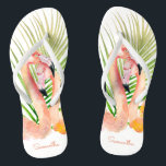 Watercolor Tropical Pink Flamingos with Your Name Flip Flops<br><div class="desc">Escape to a tropical paradise with this unique pair of personalised flip flops featuring a pair of showy pink flamingos and palm fronds. Edit the sample name shown in the design template for both the left and right shoe. These make wonderful gifts for all occasions and are especially nice for...</div>