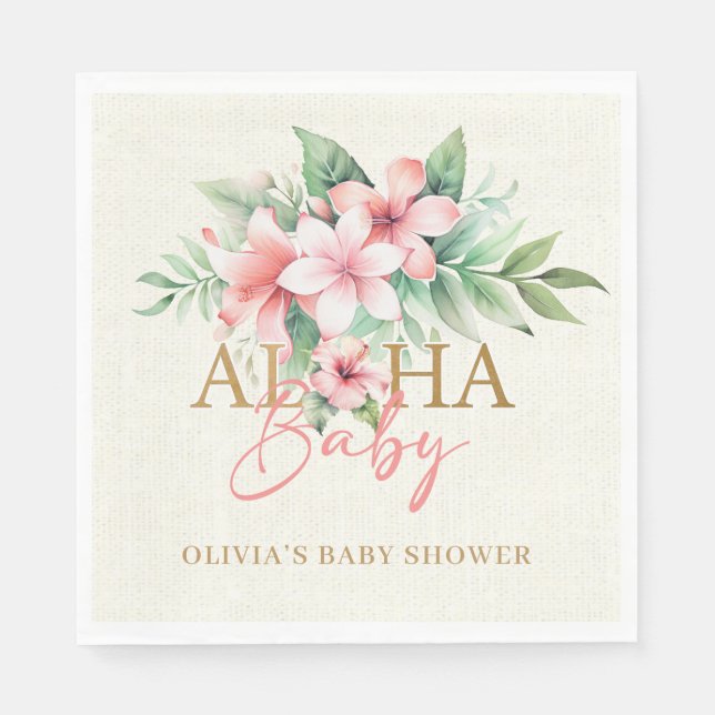 Watercolor Tropical Pink Floral Aloha Baby Shower Napkin (Front)