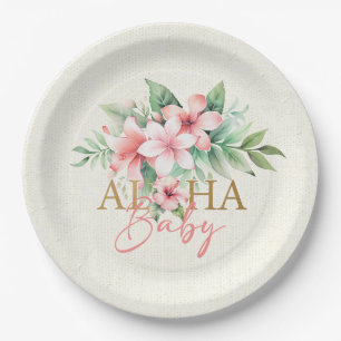 Watercolor Tropical Pink Floral Aloha Baby Shower Paper Plate