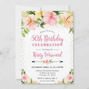 Watercolor Tropical Pink Flowers 50th Birthday Invitation