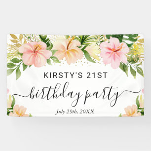 Watercolor Tropical Pink Flowers Birthday Party Banner
