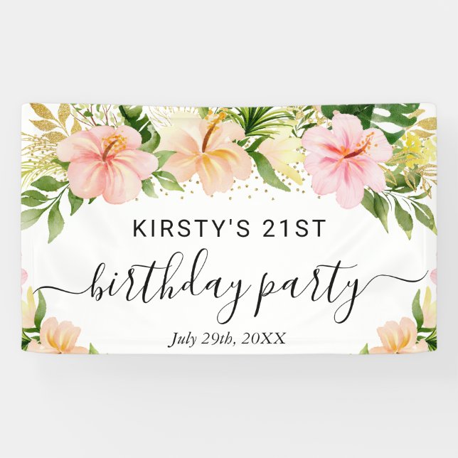 Watercolor Tropical Pink Flowers Birthday Party Banner (Horizontal)