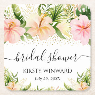 Watercolor Tropical Pink Flowers Bridal Shower Square Paper Coaster