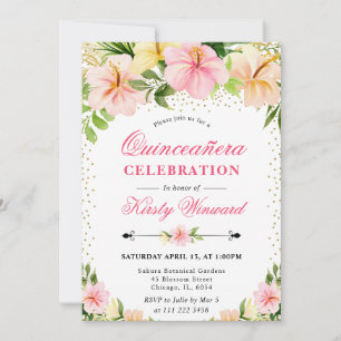 Watercolor Tropical Pink Flowers Quinceanera Invitation