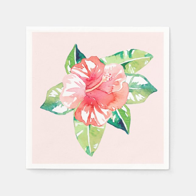 Watercolor Tropical Pink Hibiscus Elegant Floral Napkin (Front)