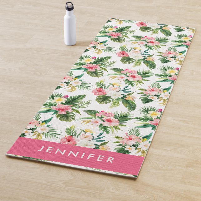 Watercolor Tropical Pink Hibiscus Floral Pattern Yoga Mat (In Situ)