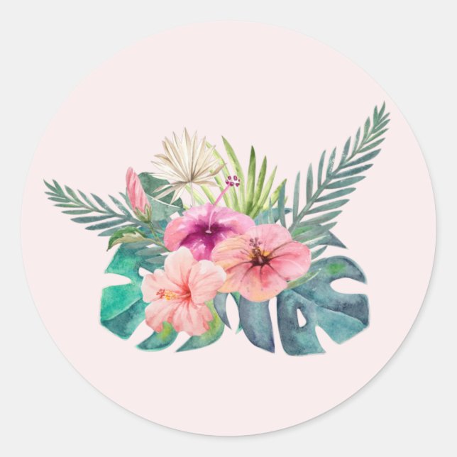 Watercolor Tropical Pink Hibiscus Flowers Classic Round Sticker (Front)