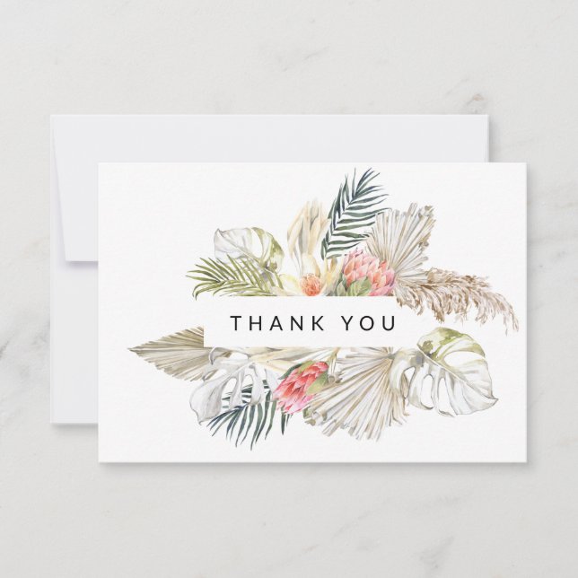 Watercolor Tropical Pink Protea Flowers Thank You Card (Front)