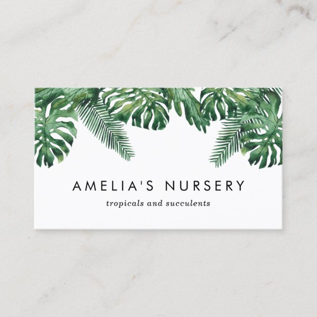 Watercolor Tropical Plants Greenery Nursery Business Card (Front)