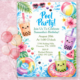 Watercolor Tropical Pool Birthday Party Invitation