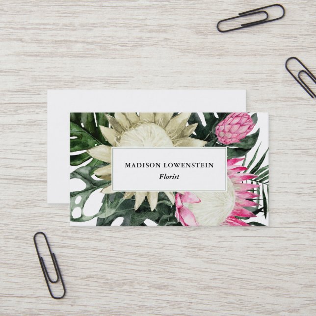 Watercolor Tropical Protea Monstera Greenery   Business Card (Front/Back In Situ)