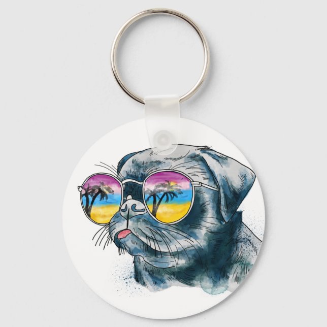 Watercolor Tropical Puppy Key Ring (Front)