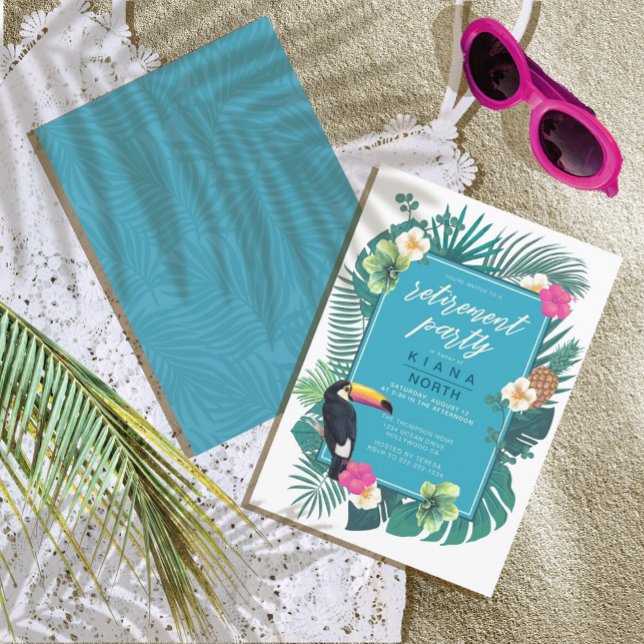 Watercolor Tropical Retirement Teal ID577 Invitation (Front/Back In Situ)