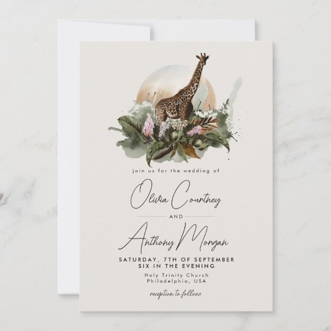 Watercolor Tropical Safari Jungle Giraffe Wedding Invitation (Front)