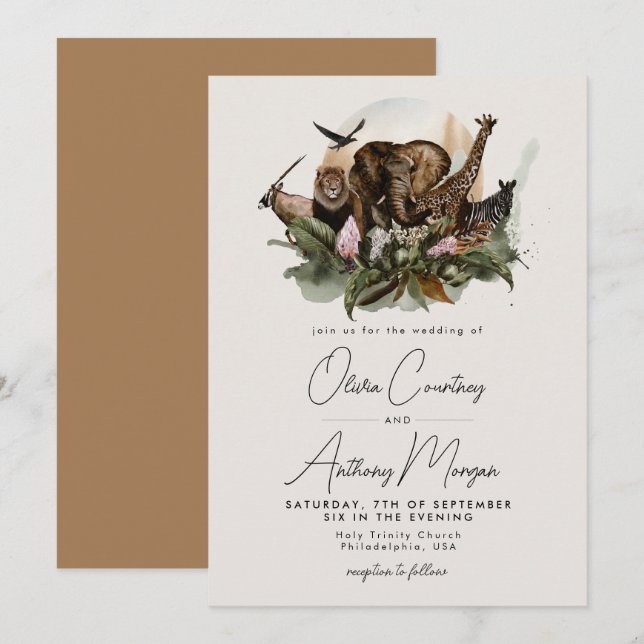 Watercolor Tropical Safari Jungle Wedding Invitation (Front/Back)