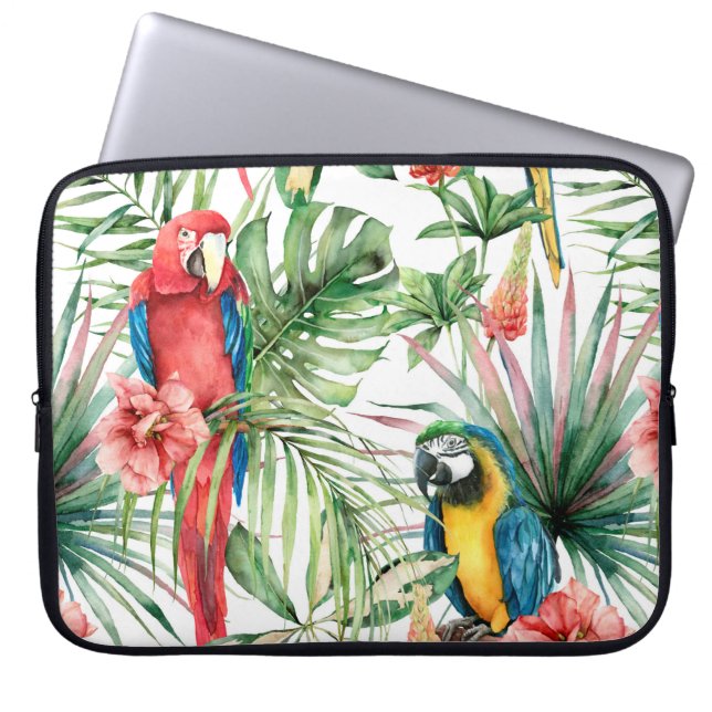 Watercolor tropical seamless pattern with parrots  laptop sleeve (Front)
