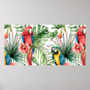 Watercolor tropical seamless pattern with parrots poster