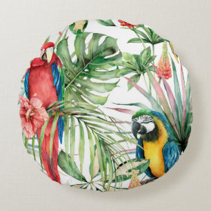 Watercolor tropical seamless pattern with parrots round cushion