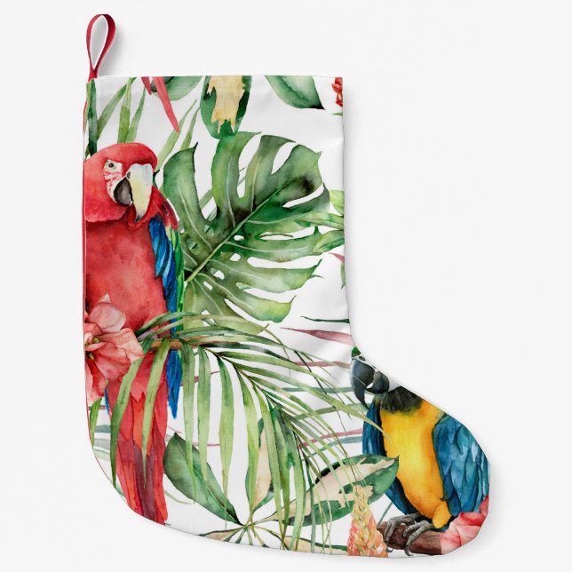Watercolor tropical seamless pattern with parrots  small christmas stocking (Front)