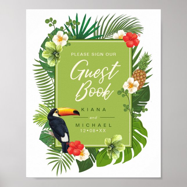 Watercolor Tropical Sign Guest Book Green ID577 (Front)