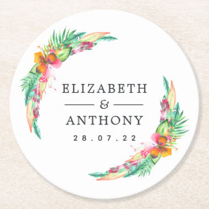 Watercolor Tropical Summer Beach Wedding Round Paper Coaster