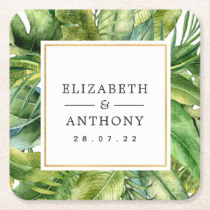 Watercolor Tropical Summer Beach Wedding Square Paper Coaster
