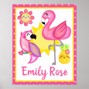 Watercolor Tropical Summer Flamingo & Parrot Poster