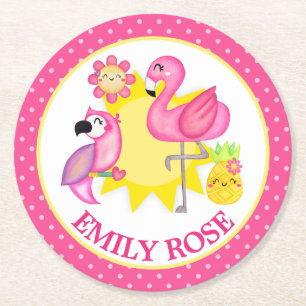 Watercolor Tropical Summer Flamingo & Parrot Round Paper Coaster