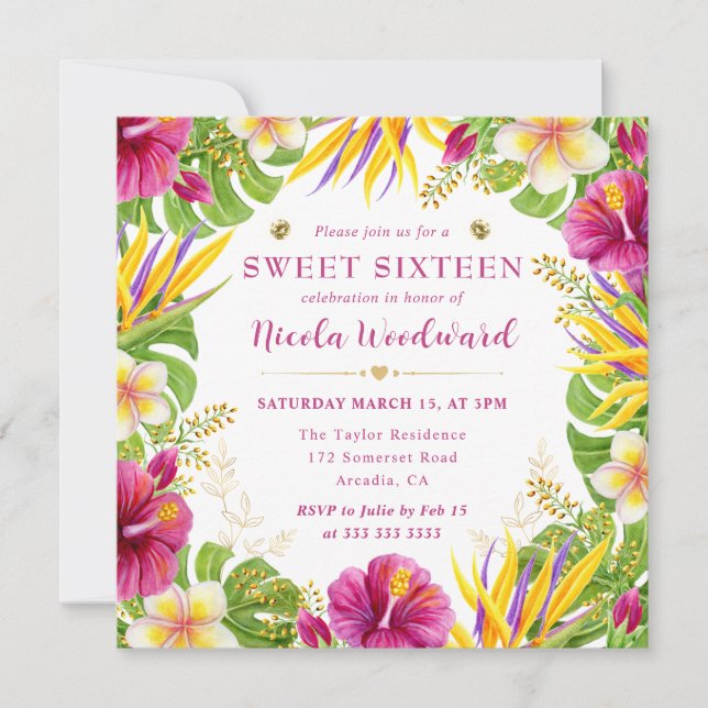 Watercolor Tropical Summer Flowers Frame Sweet 16 Invitation (Front)