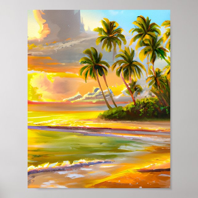 Watercolor Tropical Sunset Beach Painting Poster (Front)