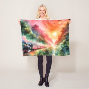 Watercolor Tropical Sunset Train Journey Fleece Blanket