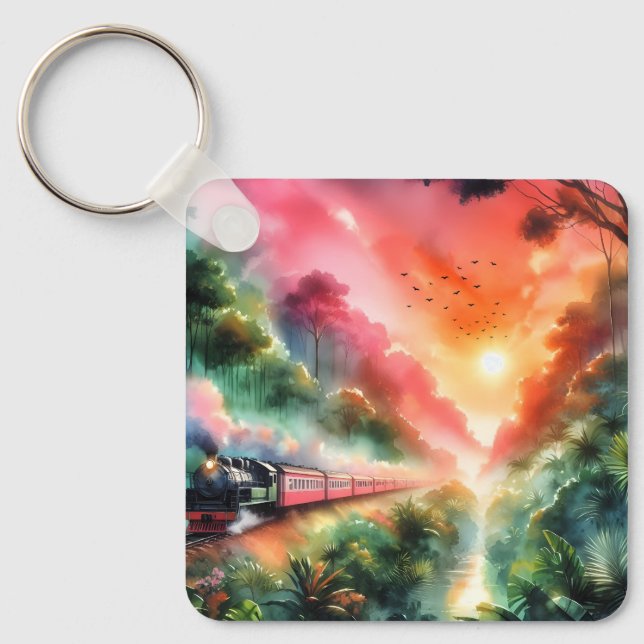 Watercolor Tropical Sunset Train Journey Key Ring (Front)