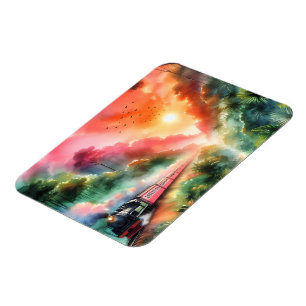 Watercolor Tropical Sunset Train Journey Magnet